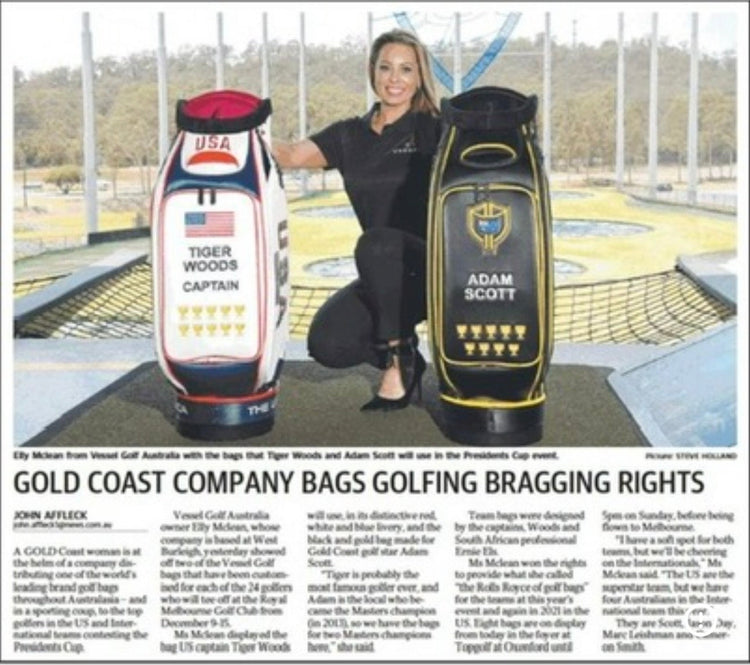 Newspaper feature on the custom team bags for Tiger Woods and Adam Scott at the 2019 Presidents Cup